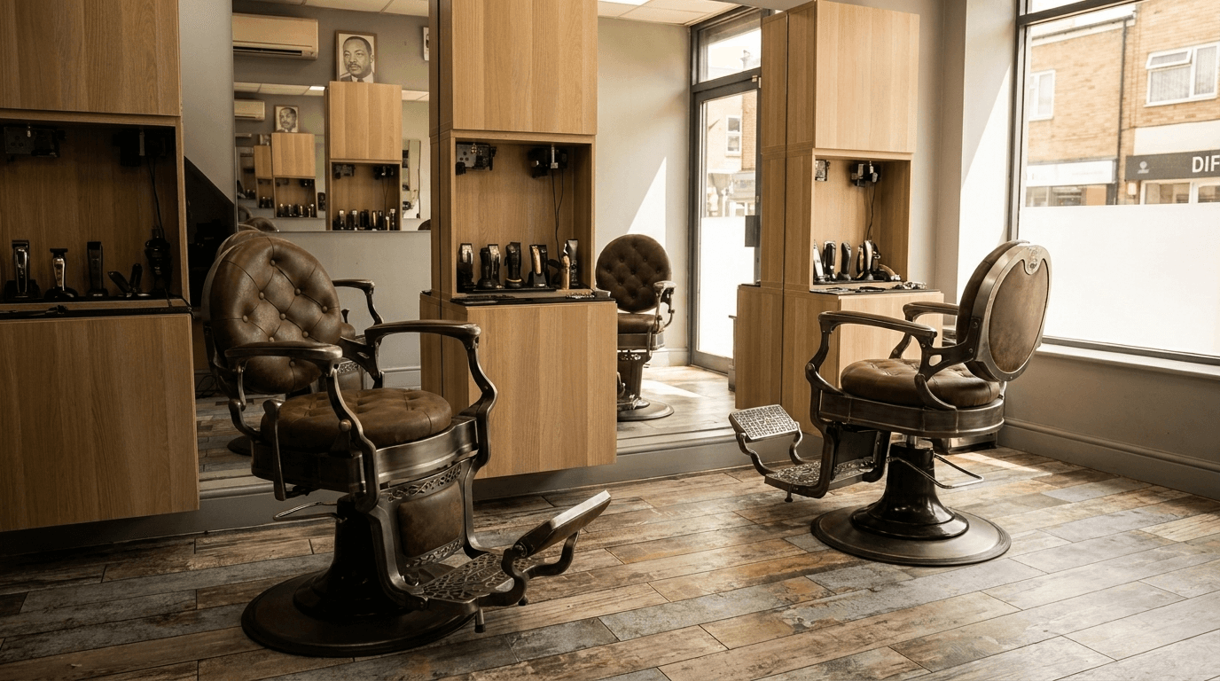Inside Fresh Cutz Barbers — the chairs and mirrors on Canning Road, Wealdstone